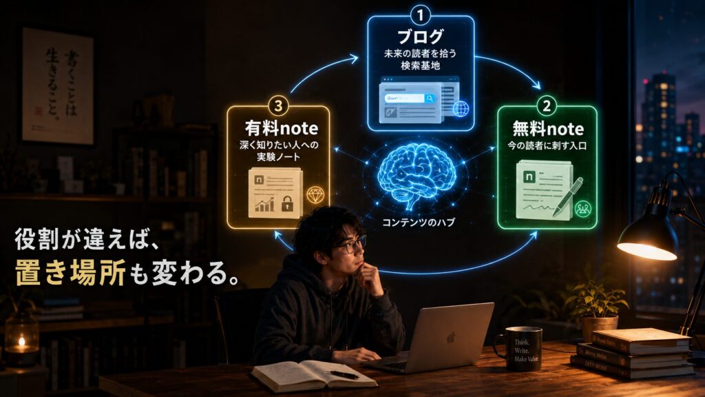 ブログ・無料note・有料noteの役割を分け、HSS型HSPの脳内情報を最適な場所に配置する戦略図