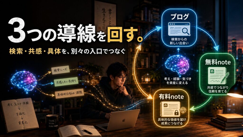 ブログ・無料note・有料noteを検索・共感・具体の3つの導線でつなぐ発信戦略図
