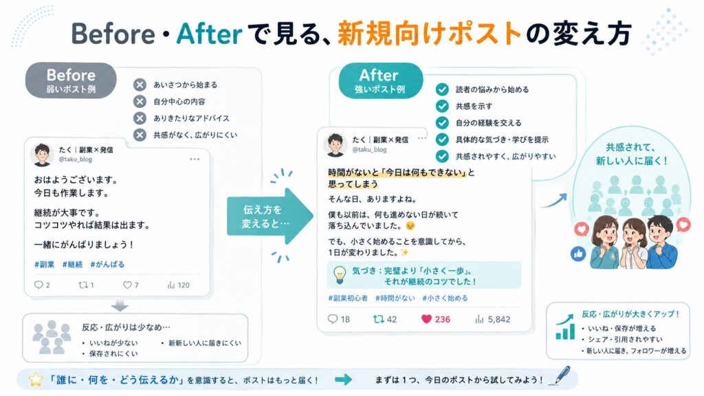 Before・Afterで見る、新規向けポストの変え方